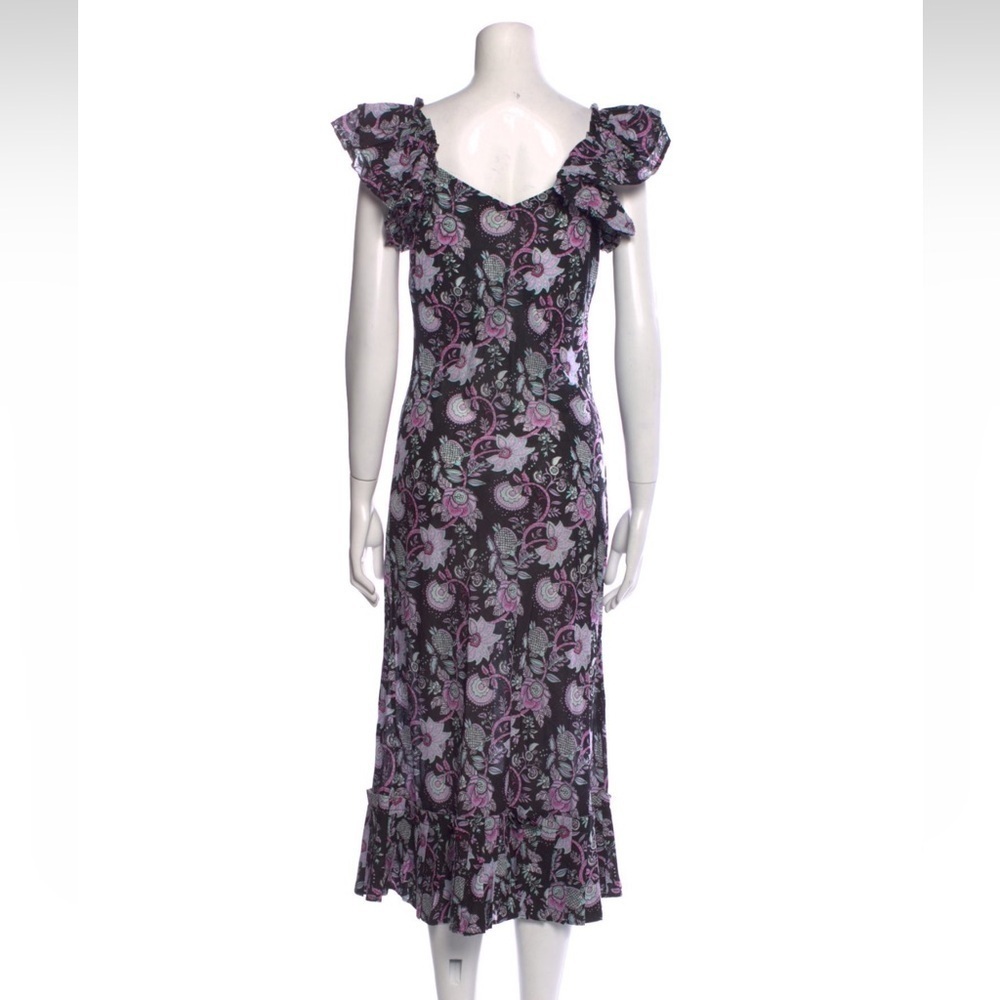 NWT MILLE FLORAL BLACK AND PURPLE RUFFLE V NECK SHORT SLEEVE DRESS - Picture 3 of 3